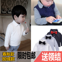 Boys baby shirt cotton plus velvet baby white shirt childrens lapel bottom long sleeve T-shirt dress thickened autumn