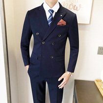 Business mens suit suit three-piece Korean slim solid color two double-breasted groom wedding suit SJT318