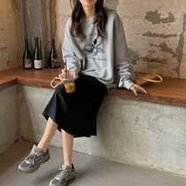 2021 New Korean version of loose long sleeve pullover sweater A- shaped split skirt womens casual sports suit tide