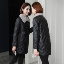 Haining Sheepskin Medium and Long 2021 Winter New V-Flower Fashion Leather Down Jacket Jacket Women