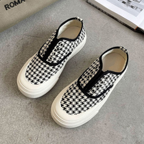 Korean version of the tide brand houndstooth canvas shoes womens summer thin breathable lazy pedal new low-help loafers