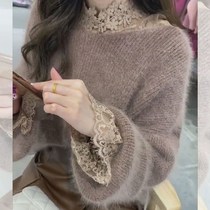  Loose pullover wear retro Hong Kong style lazy wind sweater lace shirt top two-piece womens autumn and winter matching suit