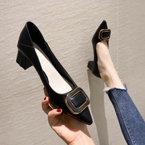 Light luxury custom cold wind simple pointed head temperament high heel XIE square buckle shallow mouth coarse heel soft bottom single XIE female