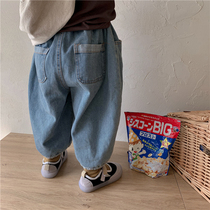 Boy 21 new autumn solid color cotton denim bloomers small child forest family western style wide leg leisure ankle-length pants