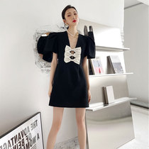  Sandro asw small fragrance retro dress female 2021 summer new French bubble sleeve sexy little black skirt