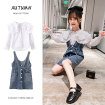 Girls 2021 Spring and Autumn New Set Western Childrens High Childrens Shirt Denim Skirt Skirt Skirt Two Piece Set