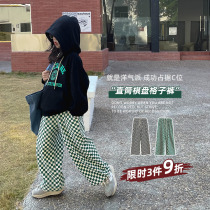 Satoshi childlike girls checkerboard gpants 2022 spring fit new big boy childrens checkered pants straight cylinder wide leggings