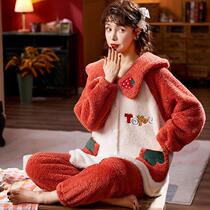 Coral velvet pajamas womens autumn and winter cardigan thick warm set sweet size flannel Korean version plus velvet home wear
