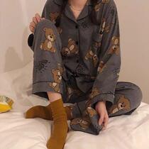 ins pajamas girl long sleeve spring and autumn 2021 Korean cute bear student two-piece set trousers home clothes