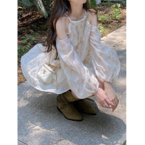The TURE original frozen pear maiden floral suspender dress small man 2022 new off-the-shoulder long sleeves autumn