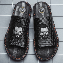 Genuine Leather Slippers Male Tide Card Summer New Outdoor Non-slip Herringbone Drag Personality 100 Hitch Outdoor Cool Tug Trendy Sandals