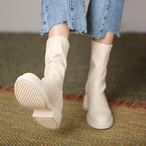 (Riesha) interior heightening short boots white Martin boots woman 2021 autumn winter middle cylinder boots coarse heel Korean version elastic boots