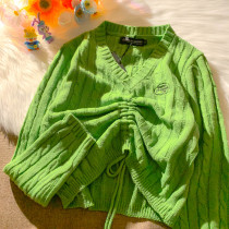 ins literary retro avocado green drawstring twist twist short sweater womens autumn white thin sweater