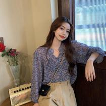 2020 Korean version of autumn sweet small flower loose long sleeve chiffon shirt shirt Net red ins Super fire little shirt