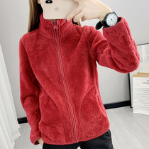 Korean large size womens autumn and winter cardigan sweater plus velvet padded stand collar lamb hair double coat women