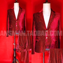 Nightclub bar male singer host DJ GOGO red bronzing velvet slim suit costume suit
