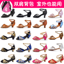  Sandals Girls small high-heeled Latin dance shoes Adult soft-soled childrens girls middle-heeled dance shoes practice beginner black