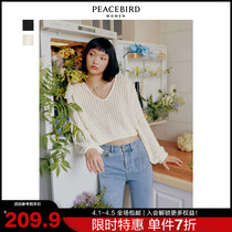 Taiping bird V collar short lanterns sleeves Knitted Shirts Women 2022 Early spring New white loose blouses womens line hooded sweatshirt