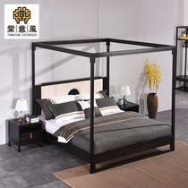 New Chinese shelf bed solid wood four-poster bed Zen modern antique bed and breakfast Hotel inn double bed furniture custom