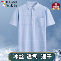 Woodpecker Daddy Summer Ice Filament Polo Shirt Middle Sleeve T-shirt Top for Older Grandfather