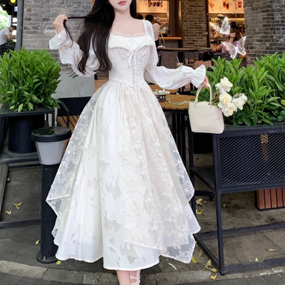 taobao agent Fitted apricot demi-season long skirt, dress for princess, french style, bright catchy style, with embroidery