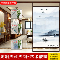 New Chinese hotel living room screen partition porch clip silk artistic conception landscape painting art glass custom factory promotion