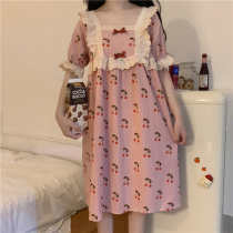 2021 New nightdress women Summer thin cotton short sleeve pajamas spring summer princess style dress Cherry
