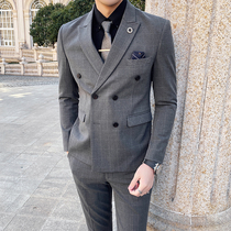  Plaid suit mens suit casual trend groom wedding mens suit Korean slim business double-breasted jacket