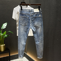 Spring Summer Korean version Personality denim jeans Chauffaver Pants Man 2022 Light color creative Little Broken Pants LITTLE LEGGINGS