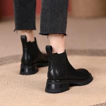 ITPZ black leather thick-soled Chelsea boots women winter plus velvet thick-heeled Martin boots