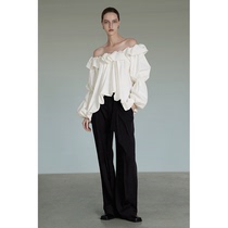 UNSPOKEN white French style straight shoulder blouses woman design sensation small crowdlining clothes spring dress new open shoulder shirt
