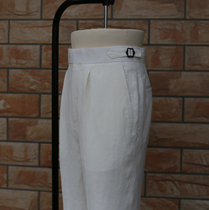 Spring and summer new pure linen pants Naples High waist small straight drum Western pants adjustable buckle Benn white long pants