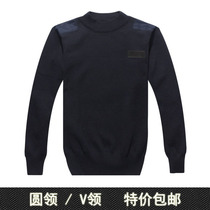 Autumn and winter warm V-neck wool sweater navy blue security duty round neck sweater long sleeve knitwear men