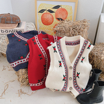  Childrens clothing 2021 autumn and winter new girls foreign style ethnic style contrast color lace embroidery knitted cardigan wool vest tide