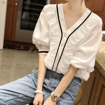 White chiffon shirt womens design sense short sleeve V-neck thin bubble sleeve top summer loose versatile doll shirt