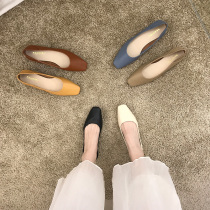 ITSK shoes womens single shoe square head flat bottom shallow mouth soft bottom working shoes coarse heel soft leather grandma shoes ladyshoe