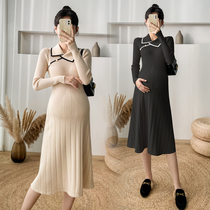 Pregnant womens autumn wear long sleeve size knitted sweater skirt winter fashion lapel thick pregnant womens dress tide
