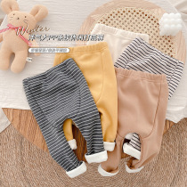 ins22 autumn winter plus suede large pp pants Korean version baby foreign air 100 hitch bottom pants male and female baby striped pants