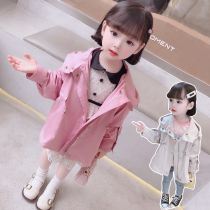 Girls spring and autumn hooded waist trench coat Baby medium-long zipper windproof jacket Childrens autumn Korean version of the jacket
