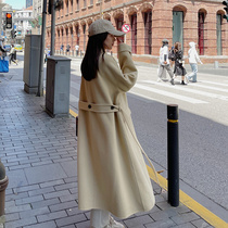 Purple yellow high-end long double-sided cashmere coat womens wool woolen coat small man 2021 autumn and winter New