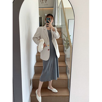MJ homemade maternity dress casual beige little man blazer hot mom out thin color buckle temperament suit