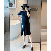 MJ maternity dress early autumn slim color matching knit dress French dignified retro autumn and winter small black dress