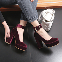 One-word buckle waterproof platform thick-heeled high heels all-match Mary Jane shoes womens spring 2021 new square head plus size single shoes