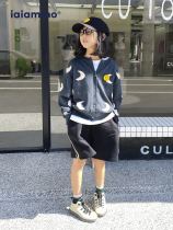 iaiammo23SS wool blend thin section moon jacquard neutral Korean childrens sweater knitted cardigan