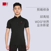 Nayi dance uniform mens New 2019 shoulder sleeve polo shirt stand collar national standard dance modern dance dance practice uniform short sleeve black