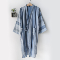 Japanese-style simple plaid nightgown mens spring and autumn encrypted cotton gauze double-layer bathrobe Home clothes pajamas sweat steaming clothes