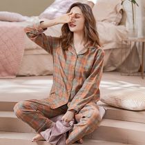 Pajamas women spring and autumn cotton long sleeve plaid home clothing autumn and winter cotton thin casual loose loose can wear suit