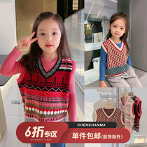 Chenchen mother womens clothing knitted sleeveless waistcoat wool vest autumn base shirt Joker retro big childrens coat tide