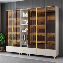 Nordic light luxury bookcase one-piece wall storage Bedroom study Aluminum alloy narrow frame Tempered glass door with light wine cabinet