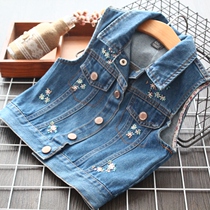 Girl Denim Waistcoat Baby Waistcoat 19 Autumn Children Casual Fresh Little Flower Embroidered Jeans Waistcoat Waistcoat